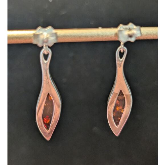 Vintage Marked 925 Sterling Silver Baltic Amber Post Dangle Earrings - Picture 3 of 8